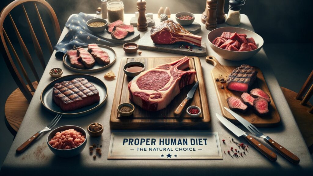 Photo of a beautifully set dining table promoting the 'Proper Human Diet'. At the center is a juicy, perfectly cooked ribeye steak with its rich marbling. To its left, there's a tender NY strip steak with a golden-brown crust. On the right, there's a bowl of freshly ground beef, showing its fine texture. Scattered around the table are some grilled pork chops with char marks and a thinly sliced flank steak. The background has soft lighting, emphasizing the quality and freshness of the grass-fed beef. A tastefully designed banner at the bottom reads: 'Proper Human Diet – The Natural Choice'.
