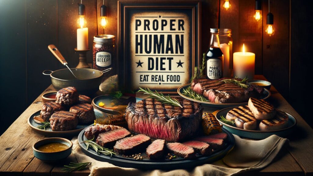 Photo of a rustic dining setting promoting the 'Proper Human Diet'. Front and center is a mouth-watering NY strip steak with a side of rosemary. Surrounding it are dishes of ground beef patties, a perfectly seared ribeye with a touch of garlic butter, grilled pork chops , and flank steak strips. Ambient candlelight in the background creates a cozy atmosphere, and a subtle sign on the wooden wall proclaims: 'Proper Human Diet – Eat Real Food'.