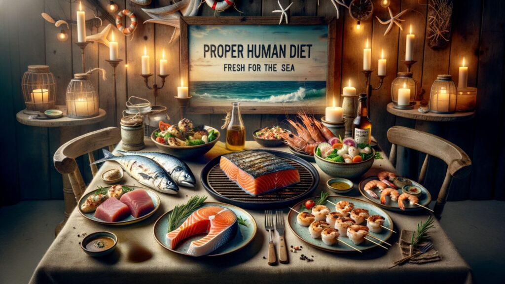 Photo of a rustic seaside dining setting celebrating the 'Proper Human Diet'. Central to the scene is a beautifully grilled salmon. Around it, dishes feature a succulent tuna steak, delicate white fish fillets, sizzling shrimp skewers, and a bowl of fresh seafood salad. The ambient candlelight and oceanic decor in the background evoke a cozy coastal ambiance, and a sign on the wooden wall says: 'Proper Human Diet – Fresh From the Sea'. All dishes focus solely on seafood, 