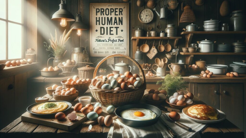 Photo of a rustic farmhouse kitchen setting celebrating the 'Proper Human Diet'. Central to the scene is a basket filled with fresh, speckled eggs in various natural shades. Surrounding it, dishes display a fluffy omelette garnished with herbs, perfectly poached eggs with a runny yolk, scrambled eggs on a skillet, boiled eggs cut in half, and a sunny-side-up egg on a plate. The ambient morning light and wooden decor evoke a cozy country ambiance, with a sign on the wall reading: 'Proper Human Diet – Nature's Perfect Food'. The focus is solely on egg preparations, with no other foods in sight.