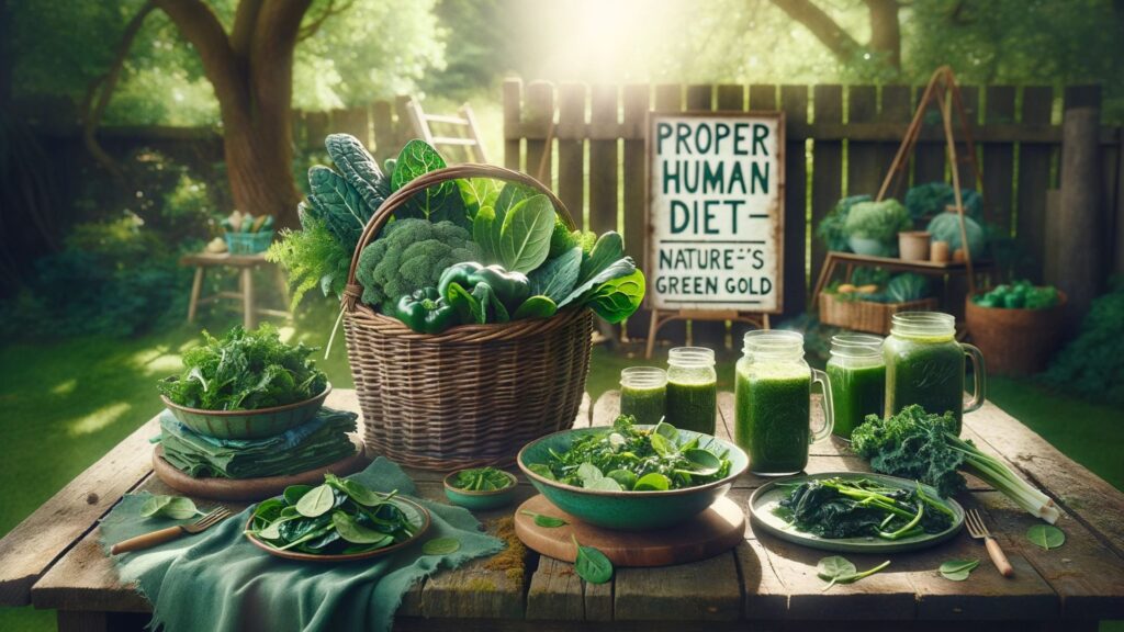 Photo of a rustic garden setting celebrating the 'Proper Human Diet'. Central to the scene is a wicker basket overflowing with fresh green leafy vegetables like spinach, kale, Swiss chard, collard greens, and arugula. Surrounding it, dishes display a vibrant green salad tossed with assorted leaves, steamed greens drizzled with olive oil, sautéed kale with garlic, and a green smoothie in a mason jar. The ambient sunlight filtering through trees and the garden backdrop evoke a natural and fresh ambiance, with a sign on a wooden fence reading: 'Proper Human Diet – Nature's Green Gold'. The focus is solely on green leafy vegetable preparations.