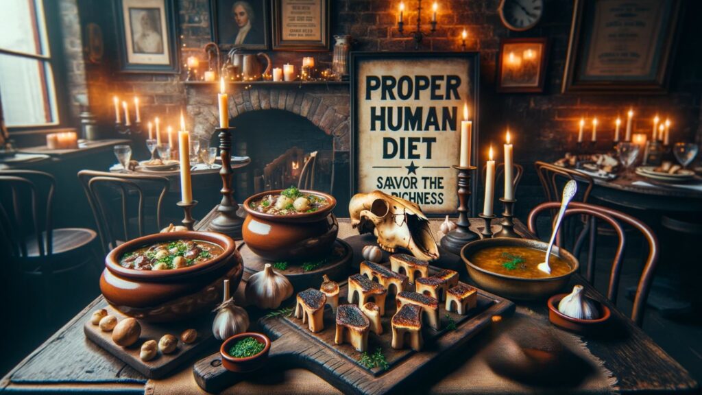 Photo of a rustic tavern setting celebrating the 'Proper Human Diet'. Central to the scene is a wooden board showcasing roasted bone marrow, glistening and ready to be spread. Surrounding it, dishes display bone marrow soup in a clay pot, marrow bones garnished with fresh herbs, bone marrow risotto in a deep plate, and toast points to complement the marrow. The ambient candlelight and vintage decor evoke a warm, old-world charm, with a sign on a brick wall reading: 'Proper Human Diet – Savor the Richness'. The focus is solely on bone marrow preparations.