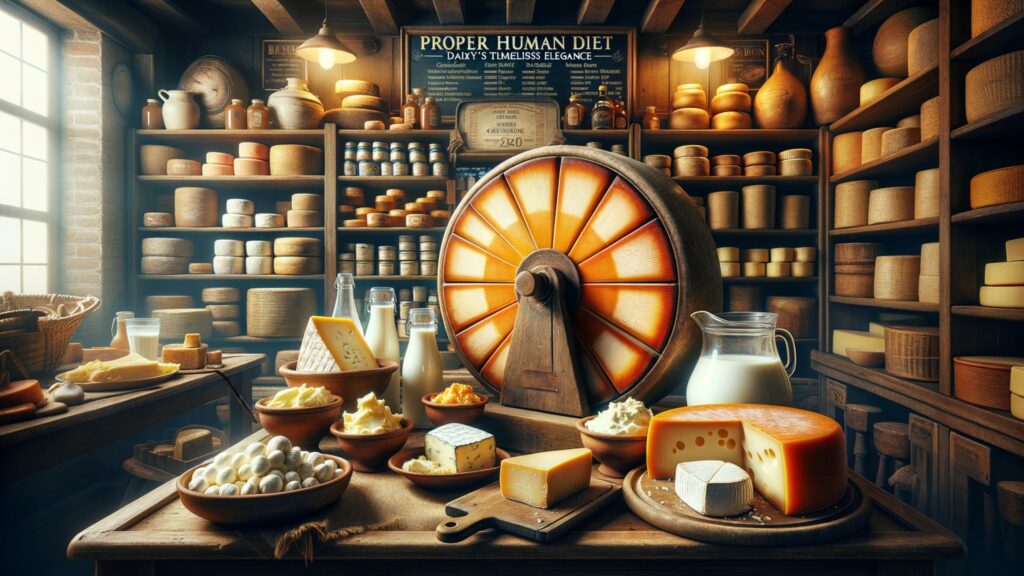 Photo of a traditional European cheese shop celebrating the 'Proper Human Diet'. Central to the scene is a cheese wheel showcasing the intricate aging process, surrounded by various aged cheeses like cheddar, gouda, and parmesan. Accompanying the cheeses, dishes display rich full-fat yogurt in clay pots, creamy butter on a wooden board, a jug of full-fat milk, and a bowl of clotted cream. The ambient lighting and wooden shelves filled with dairy products evoke a sense of tradition and craftsmanship, with a sign reading: 'Proper Human Diet – Dairy's Timeless Elegance'. The focus is solely on aged cheese and full-fat dairy products.