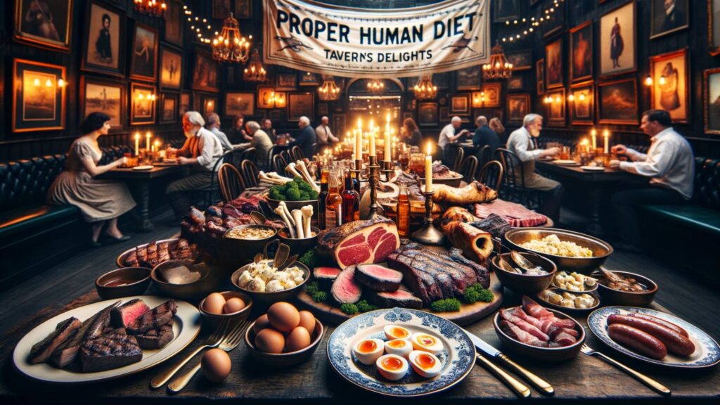 Photo of a rustic tavern setting celebrating the 'Proper Human Diet'. The centerpiece of the scene is a long wooden table adorned with a spread of culinary delights. On one end, there's a platter showcasing cuts of meat like beef steak, lamb chops, and pork sausages. Next to it, dishes display roasted bone marrow bones, glistening and ready to be spread on toast points. Further down, there are bowls filled with various egg preparations: scrambled, poached, and boiled. On the other end of the table, there's a seafood spread with grilled fish, shellfish, and smoked salmon. The ambient candlelight, vintage decor, and patrons enjoying their meals evoke a sense of warmth and nostalgia, with a banner hanging overhead reading: 'Proper Human Diet – Tavern's Delights'. The focus is on the harmonious combination of meat, bone marrow, eggs, and fish.