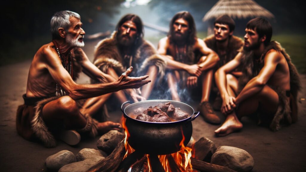 Photo of an elder from an ancient tribe, narrating stories to younger members around a fire. The focus is on a pot over the fire, filled with a meaty stew, signifying the passing down of culinary traditions and the importance of meat in their diet.