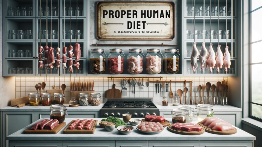 Wide photo of a modern kitchen setup. The countertop showcases various types of meat being prepared hanging above the kitchen space; a vintage sign reads 'Proper Human Diet: A Beginner's Guide,' setting the theme for the culinary endeavors below.