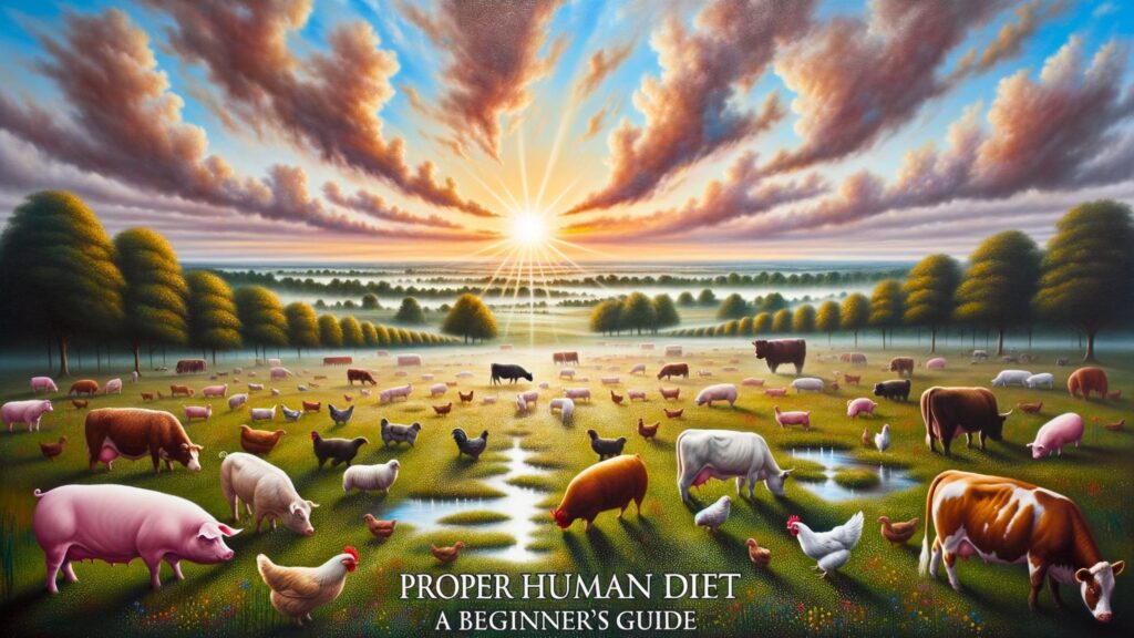 Wide oil painting of a sunrise over an idyllic farmland. Animals like cows, chickens, and pigs roam freely, representing diverse meat sources. Puddles of glistening dew on the grass mimic the sheen of animal fats. Above, the morning sky proudly displays the title 'Proper Human Diet: A Beginner's Guide'.