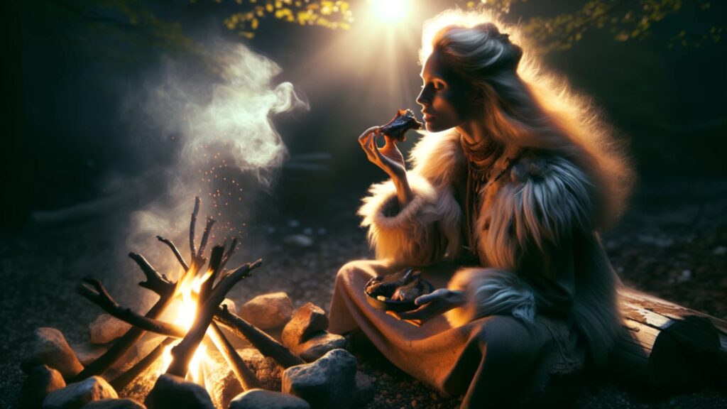 A girl is sitting in front of a fire, eating a Proper Human Diet.