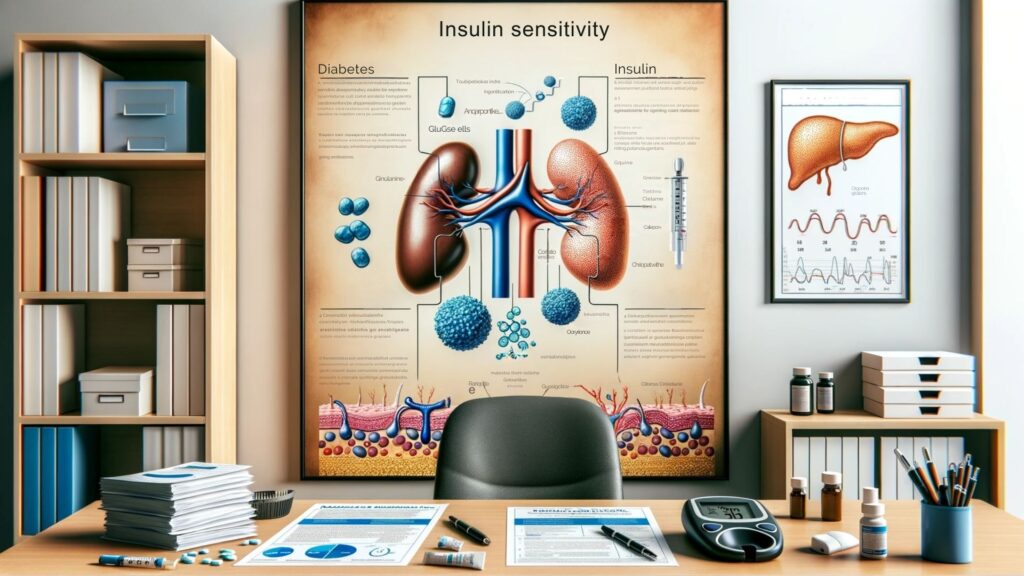 Photo of a doctor's office, with a large educational poster on the wall explaining the relationship between insulin sensitivity and diabetes. The poster has diagrams of the pancreas, insulin molecules, and glucose entering cells. On the doctor's desk, there are pamphlets about diabetes management, a glucose meter, and medications. The setting emphasizes the importance of medical guidance in understanding and treating diabetes.