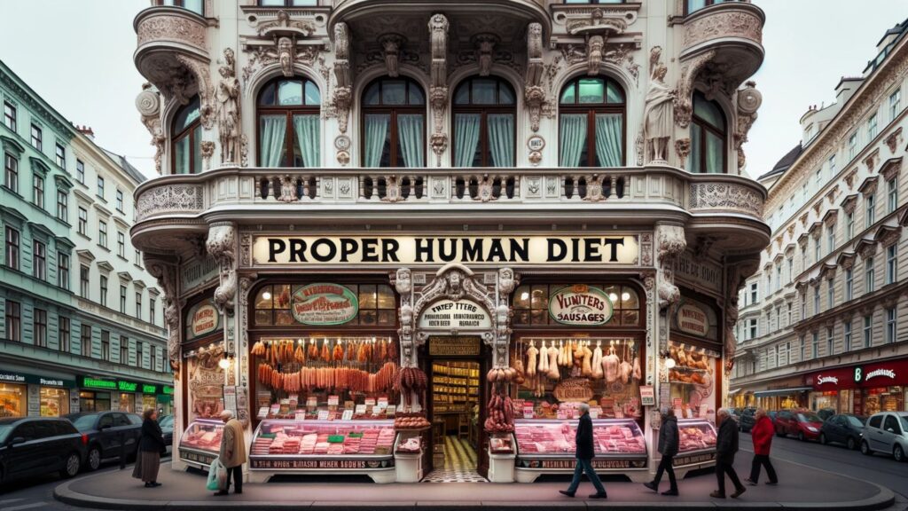 Photo of a traditional meat shop in Vienna style. The facade of the shop is adorned with intricate architectural details reminiscent of historic Viennese buildings. Large display windows showcase a variety of meats, sausages, and other delicacies. Above the entrance, a sign prominently displays the text 'Proper Human Diet'. Pedestrians of diverse descent and genders walk by, some glancing at the shop's offerings.