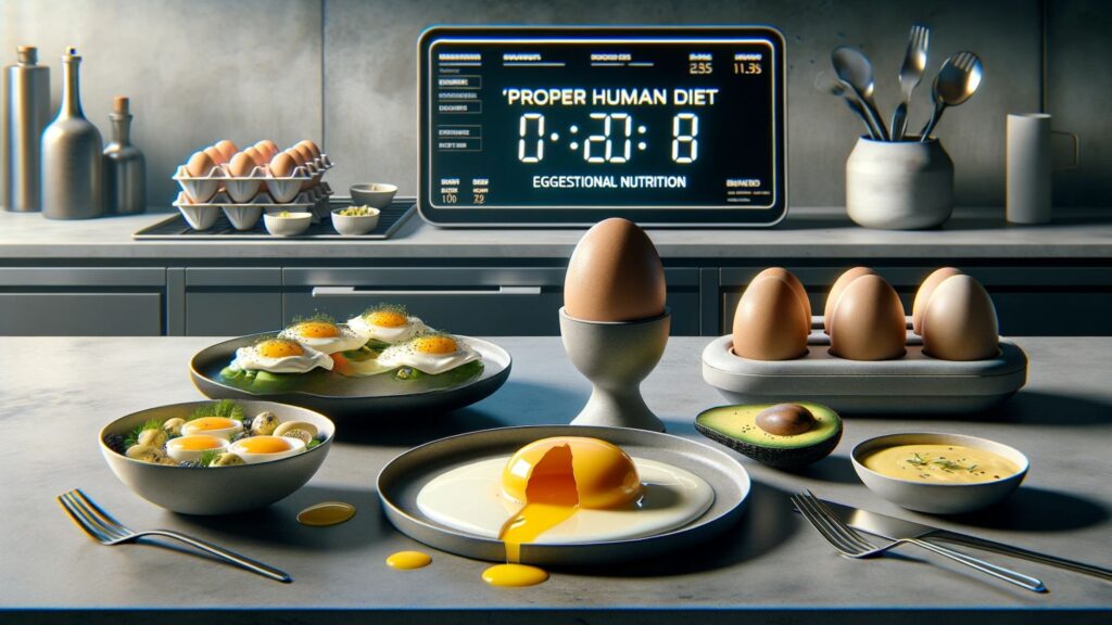 Photo of a modern kitchen setting highlighting the versatility of eggs in the 'Proper Human Diet'. The countertop showcases a cracked egg with its yolk and white in pristine condition. Adjacent dishes feature eggs benedict with a drizzle of hollandaise sauce, a Spanish tortilla slice, baked eggs in avocado halves, and a creamy egg salad. The scene's sleek design is complemented by stainless steel utensils, and a digital display in the background states: 'Proper Human Diet – Eggceptional Nutrition'. All dishes are egg-centric, devoid of any other ingredients.