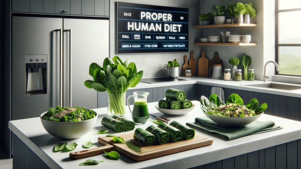 Photo of a modern kitchen interior emphasizing the health benefits of green leafy vegetables in the 'Proper Human Diet'. On a pristine white countertop, there's a cutting board with freshly chopped spinach. Adjacent dishes feature a kale and quinoa bowl, Swiss chard rolls stuffed with grains, collard green wraps, and a pitcher of green detox juice. The scene's minimalist design is complemented by stainless steel appliances, and a digital display in the background states: 'Proper Human Diet – Go Green for Health'. All dishes showcase the essence of green leafy vegetables.