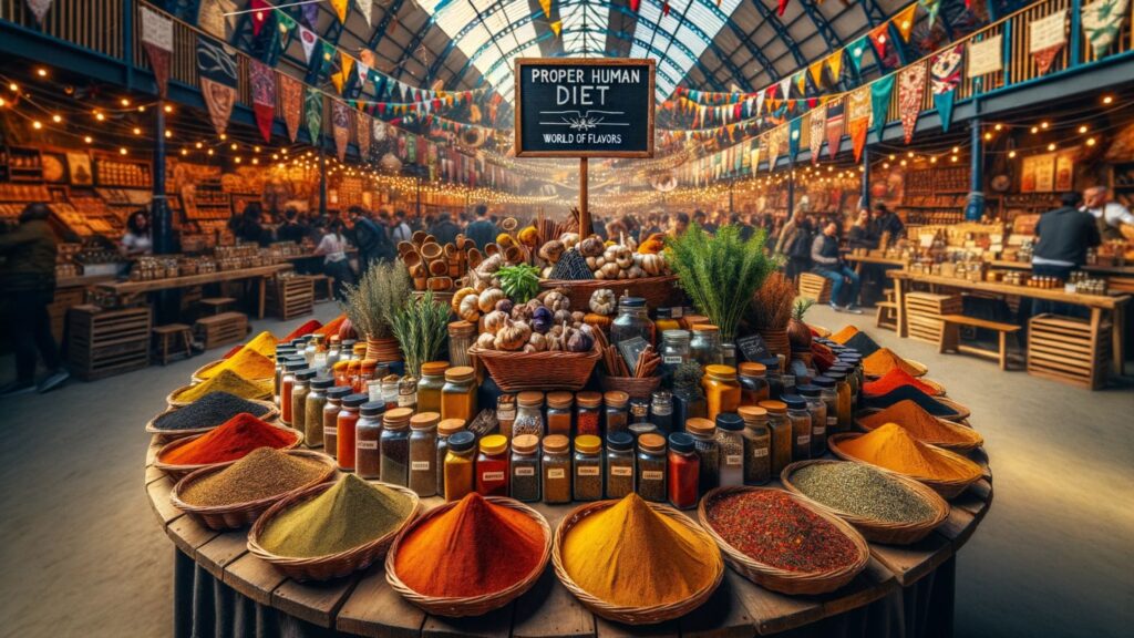 Photo of a bustling spice market celebrating the 'Proper Human Diet'. Central to the scene are vibrant piles of spices like turmeric, paprika, and cumin, showcased in woven baskets. Surrounding them, stalls display a variety of dried herbs like rosemary, thyme, and basil in bunches. On a wooden table, there are glass jars filled with seasonings like sea salt, black pepper, and garlic powder. The ambient noises and colorful tents evoke a sense of exploration and diversity, with a banner overhead reading: 'Proper Human Diet – World of Flavors'. The focus is solely on the richness of seasonings, spices, and herbs.