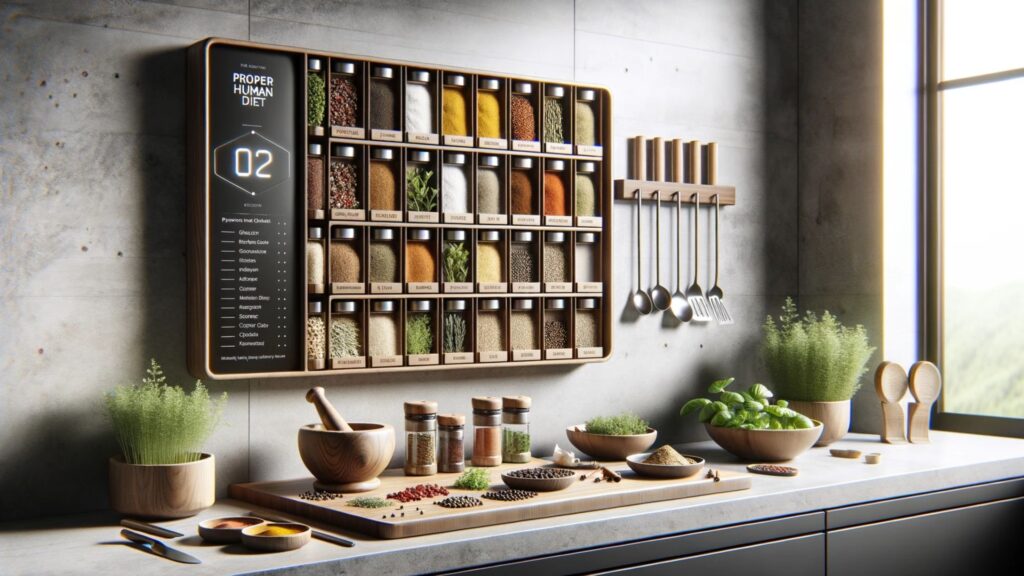 Photo of a modern kitchen setting emphasizing the importance of seasonings, spices, and herbs in the 'Proper Human Diet'. On a sleek granite countertop, there's a wooden spice rack filled with labeled jars of various spices. Beside it, dishes display freshly chopped herbs, a mortar and pestle grinding a mix of spices, and bowls of different seasonings. The scene's minimalist design is complemented by stainless steel utensils, with a digital display in the background stating: 'Proper Human Diet – Essence of Cooking'. Every element in the image showcases the culinary wonders brought by spices, herbs, and seasonings.