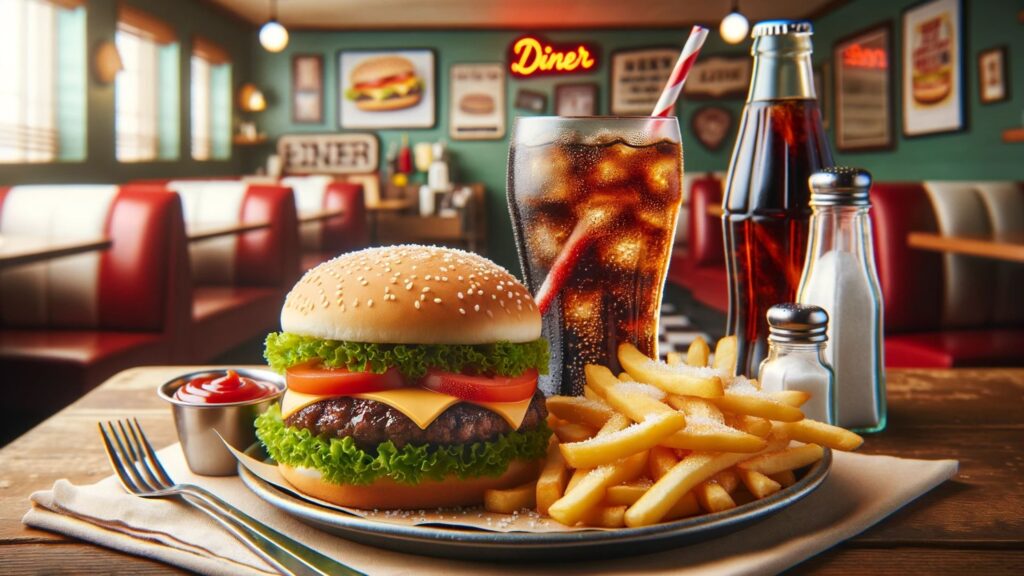 Photo of a juicy hamburger with lettuce, tomato, and cheese, sitting next to a cold coke in a clear glass with a straw, and a heap of hot fries sprinkled with salt. The background showcases a diner setting with retro decor, and there's a napkin and ketchup bottle next to the meal.