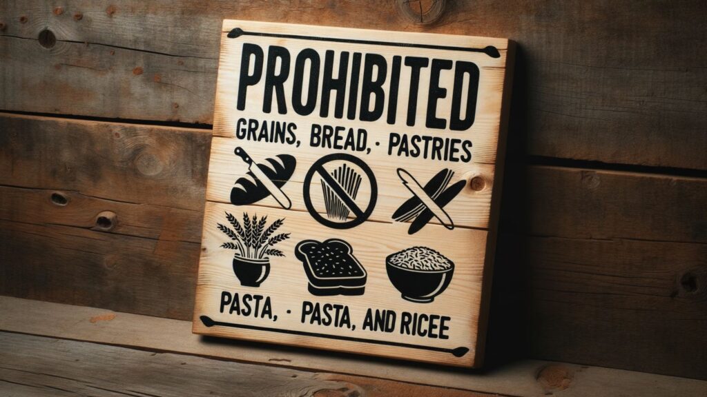 Photo of a wooden signboard set against a rustic backdrop. The signboard has bold, black lettering that reads: 'Prohibited: Grains, Bread, Pastries, Pasta, and Rice.' to showcase prohibited foods on the proper human diet.