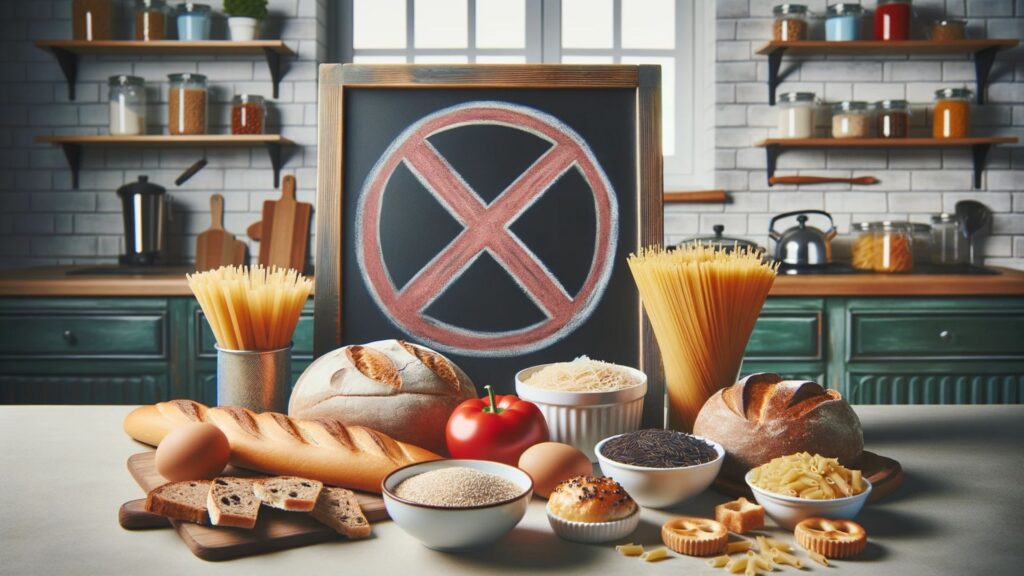 Photo of a kitchen countertop with various food items. However, there's a large red 'X' over a loaf of bread, a plate of pastries, a bowl of pasta, and a pot of rice, indicating they are prohibited. The background has a chalkboard with the written words: 'Grains, Bread, Pastries, Pasta, and Rice are NOT ALLOWED'.