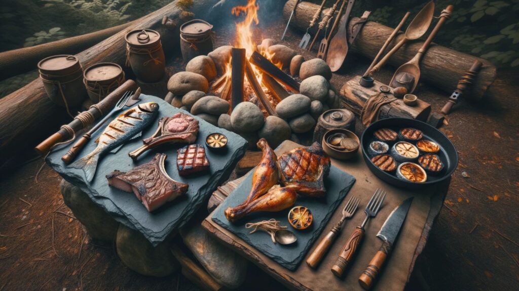 Photo of a meal set up by a campfire in a forest setting. Grilled meats such as lamb chops, fish fillet, and chicken drumsticks are laid out on large flat rocks. The meats are cooked to perfection, exuding a smoky aroma. Surrounding the campfire are primitive tools and utensils, reminiscent of ancient times. The environment emphasizes the ancestral aspect of the diet, with no signs of bread or fruits.