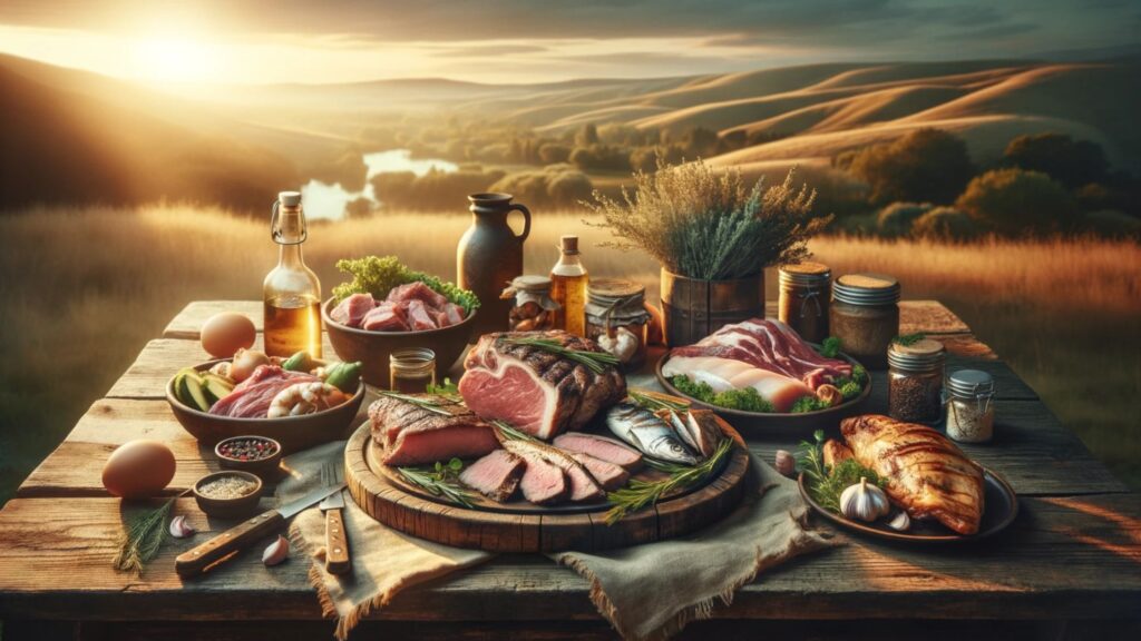 Photo of a rustic wooden table set outdoors, illuminated by the golden light of sunset. On the table, there's an assortment of fresh meats like steak, fish, and poultry. The meats are garnished with herbs. The backdrop showcases a serene natural landscape, implying an ancestral connection. No bread or fruits are present. The atmosphere conveys the essence of a meat-based ancestral diet.