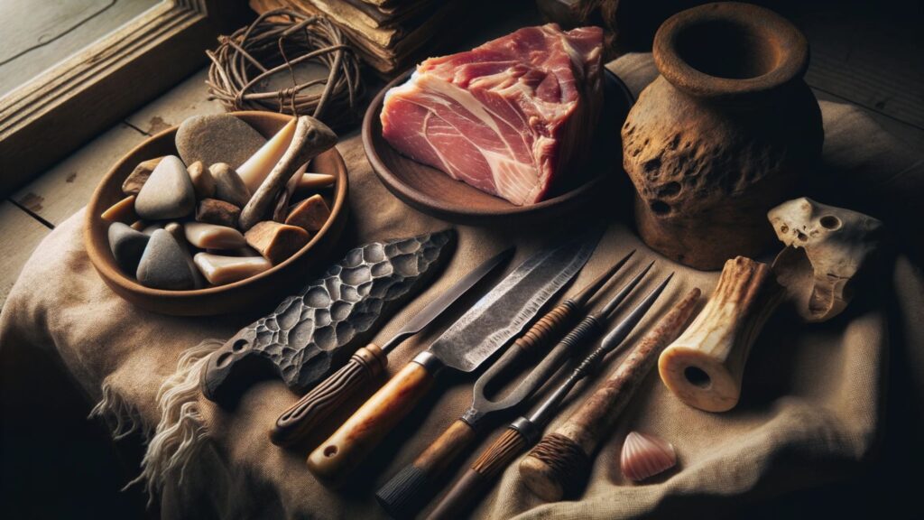Photo of a collection of ancient tools and utensils, like stone knives and bone forks, displayed on a rugged cloth. Nearby is a plate with freshly cut meat, emphasizing the importance of meat in an ancestral diet. The scene is lit by the soft glow of a candle, creating shadows that play on the textures of the tools and meat.