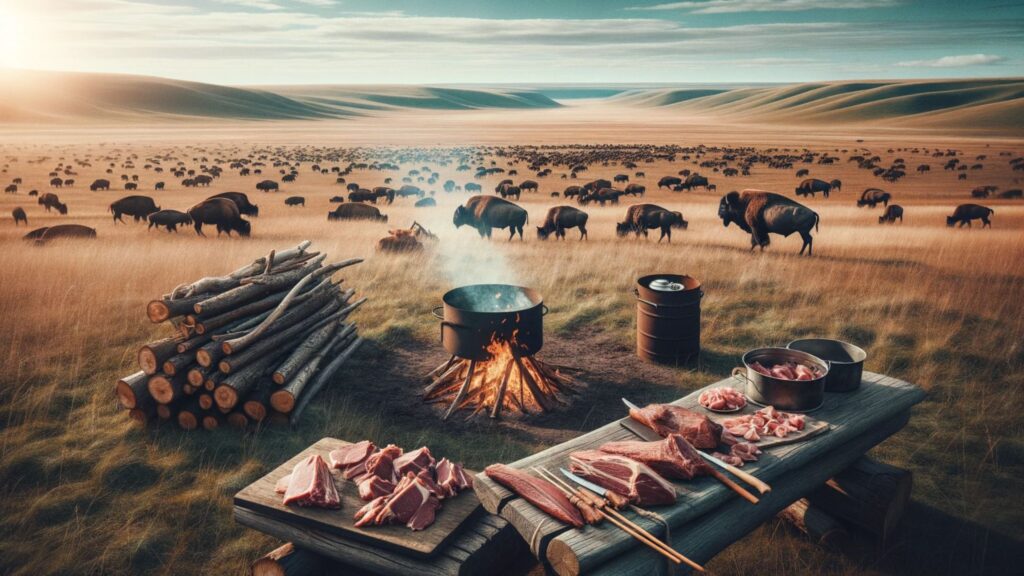 Photo of a vast open plain, with herds of wild animals like bison and deer grazing in the distance. In the foreground, there's a campsite with a fire pit where various cuts of meat are being smoked. The scene encapsulates the bond between nature, animals, and the ancestral way of sourcing and preparing food.