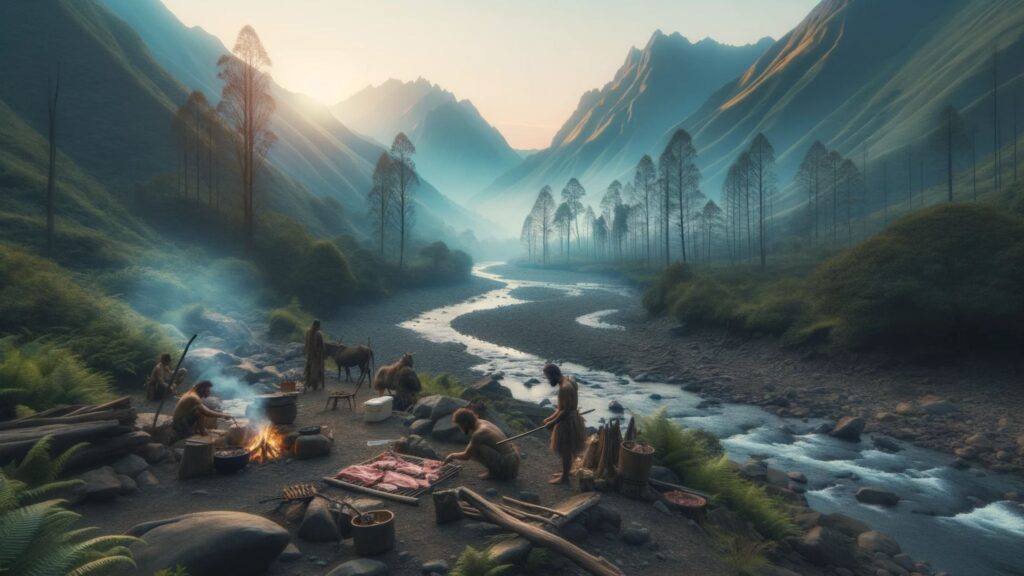 Photo of a tranquil mountainous landscape during sunrise. In the valley below, a stream flows gently, and beside it, a group of individuals from an ancient tribe are preparing a morning meal. They use primitive tools to cook meats over an open fire, emphasizing the meat-centric nature of their ancestral diet.