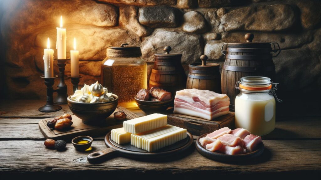 Photo of a rustic wooden table set against a backdrop of an ancient stone wall. On the table, there's an assortment of animal fats. A bowl brimming with creamy butter, a jar filled with rich lard, a plate showcasing fatty cuts of meat, and a container of duck fat. Warm candlelight illuminates the scene, highlighting the textures and sheen of the fats, emphasizing their importance in ancestral diets.