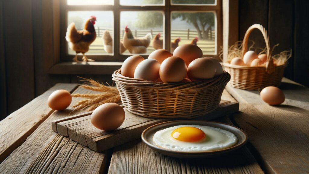 Photo of a rustic farmhouse kitchen setting. On a wooden table, there's a basket filled with fresh eggs in various natural shades. Beside the basket, a plate showcases a perfectly cooked sunny-side-up egg. The golden yolk stands out prominently. In the background, chickens can be seen roaming freely outside the window, emphasizing the source of these perfect proteins.