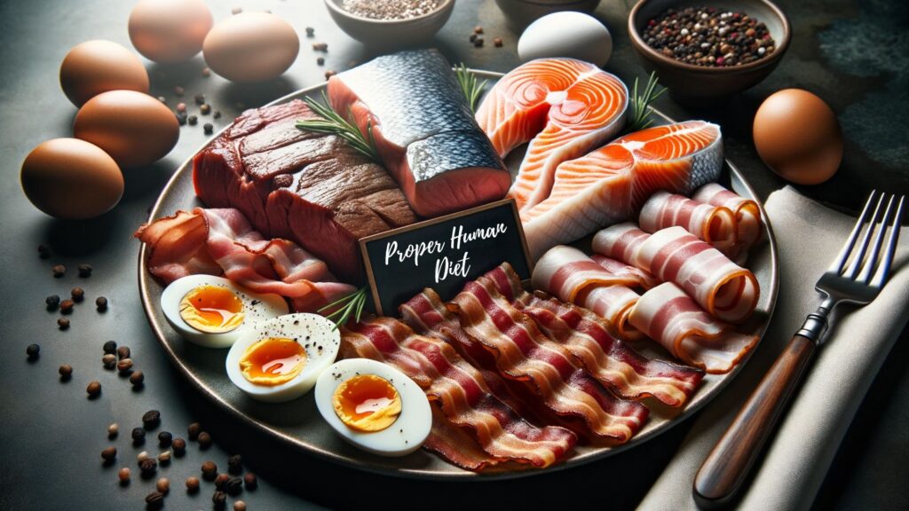 Photo representing the theme 'Weight Loss and the Proper Human Diet'. The image showcases a plate heaped with protein-rich foods: tender beef cuts, flaky salmon fillets, sizzling bacon strips, and soft-boiled eggs. The ambiance is set by a sophisticated dining environment, and the caption 'Weight Loss and the Proper Human Diet' stands out, highlighting the diet's focus on these specific meats.