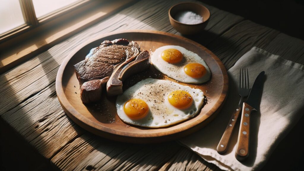 Photo of a hearty ancestral-inspired breakfast served on a rough, natural wood table. A 6 oz ribeye steak, cooked to a perfect medium-rare, is the centerpiece, accompanied by three large eggs, sunny-side up.