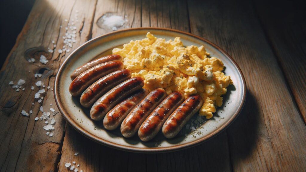 Photo of a traditional ancestral breakfast on an aged oak table. The plate is filled with freshly cooked pork sausage links, golden and sizzling next to a fluffy pile of scrambled eggs. The eggs are lightly seasoned with herbs, salt, and pepper.