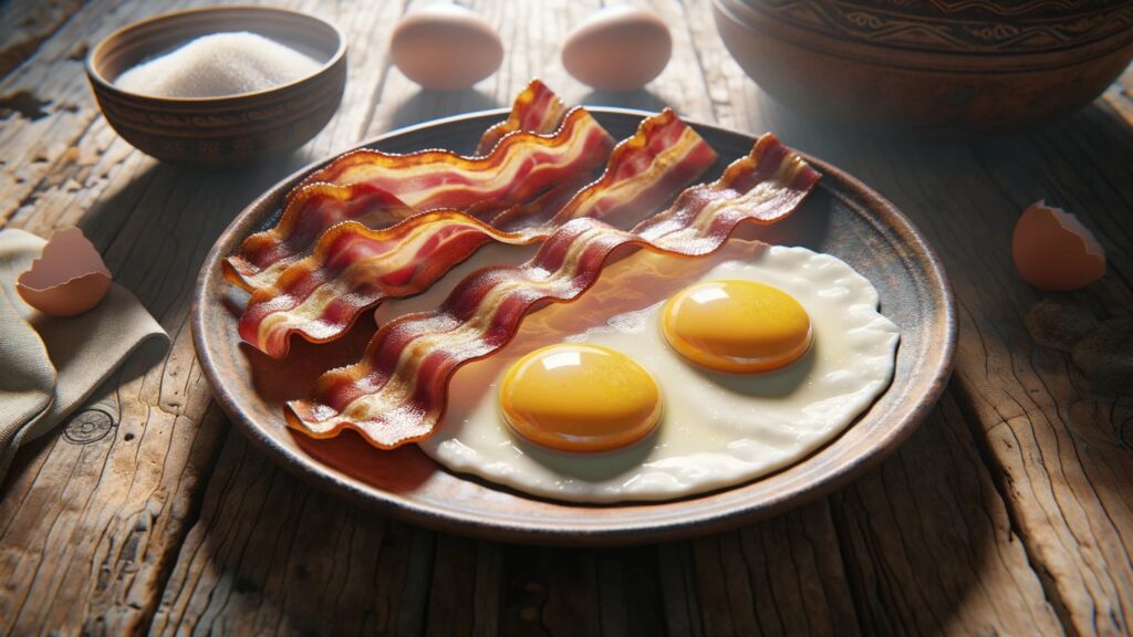 The image of a breakfast setting that reflects an ancestral diet, featuring crispy strips of bacon alongside a pair of fried eggs over easy. 