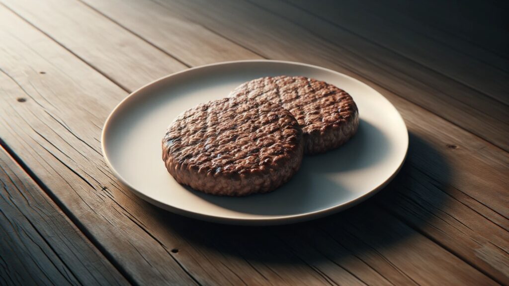 image of an ancestral diet breakfast, focusing on two savory beef burger patties.