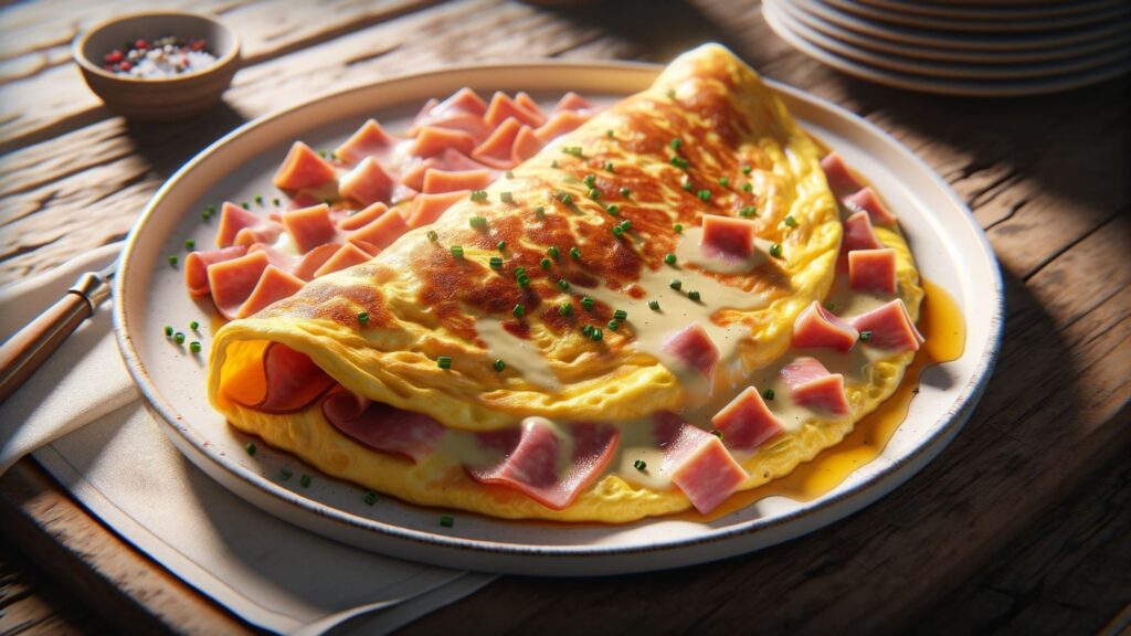 image of a freshly cooked ham and cheese omelette, presented on a white ceramic plate.