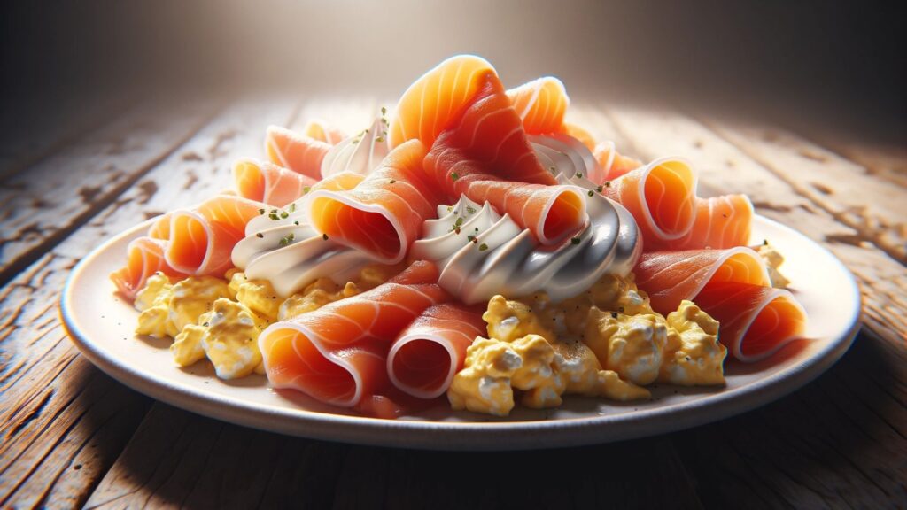 image of a breakfast dish featuring lox and cream cheese scramble.