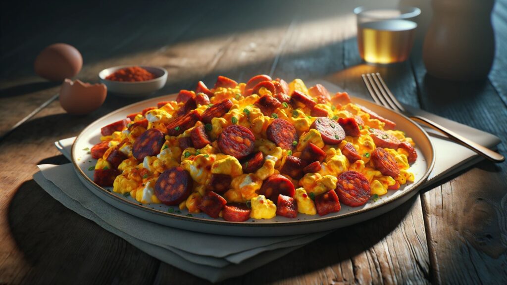image of a hearty breakfast dish consisting of a chorizo and egg scramble.