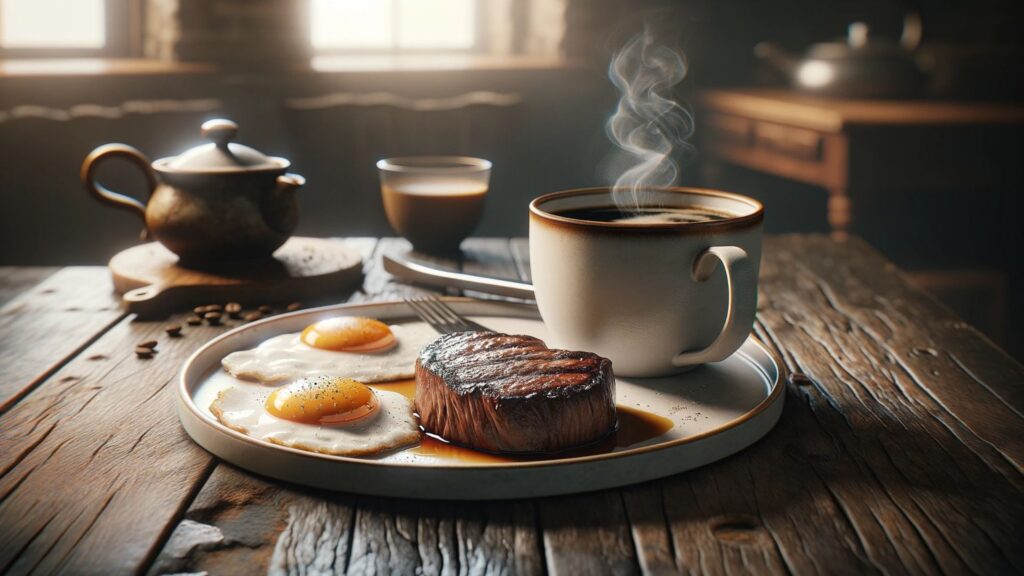 Proper human breakfast, steak and eggs.