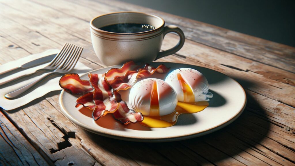 Poached Eggs with Crisp Bacon, a proper human diet breakfast.