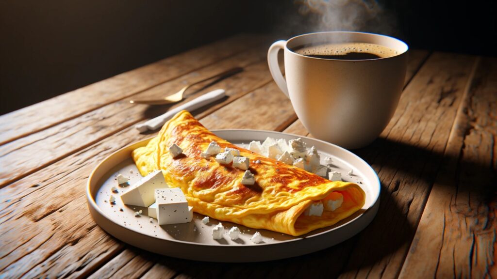 Chicken and Feta Omelet, a perfect proper human diet breakfast.