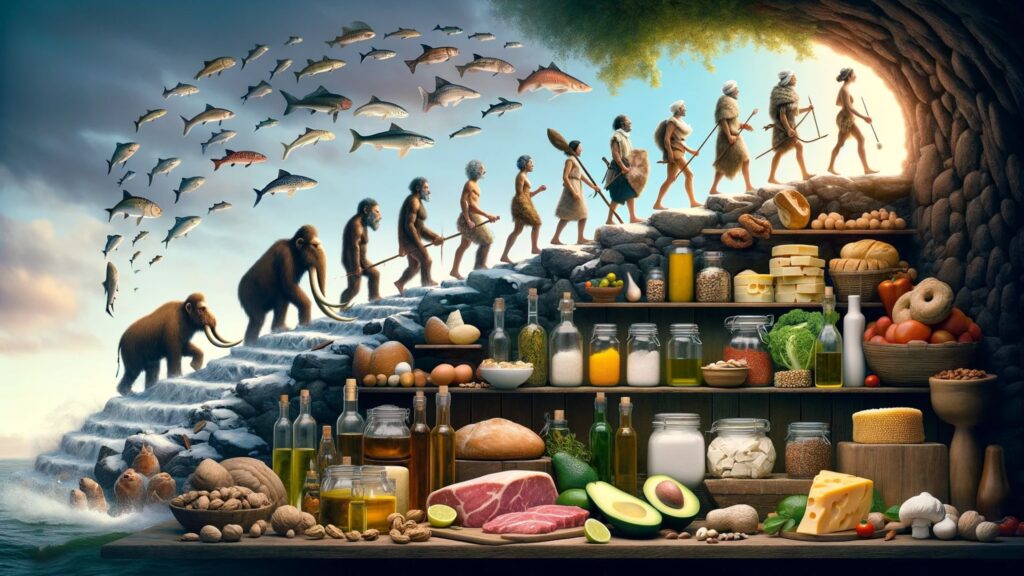 image depicting a timeline of human dietary evolution with a focus on fat consumption. The image starts on the left with a prehistoric setting, showing ancient humans hunting and gathering, with a focus on fatty foods like mammoth meat and fish.