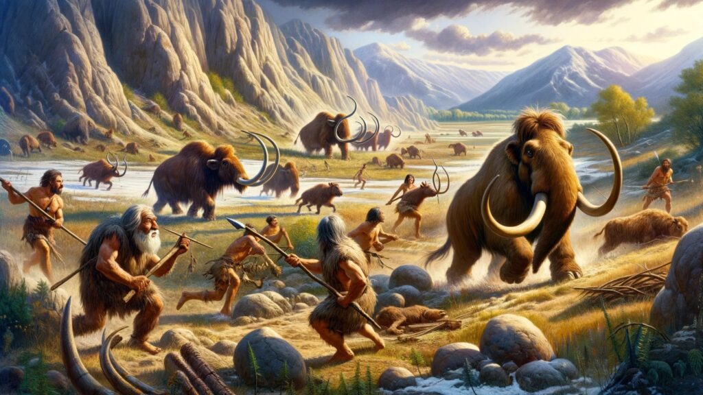A prehistoric landscape showing early humans hunting large fatty animals like mammoths or bison. The humans are depicted with primitive tools such as spears and stones.