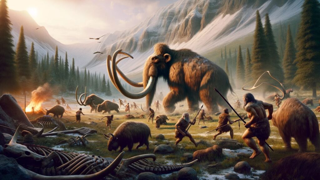 The environment is rugged with sparse vegetation, indicative of the paleolithic era. This scene captures the essence of the paleolithic diet and the hunting activities of early humans.