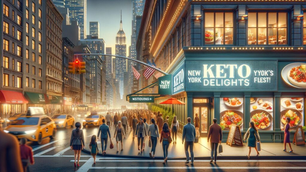 A photorealistic image of a bustling New York City street at dusk, with a clear emphasis on health-conscious, keto-friendly restaurants.