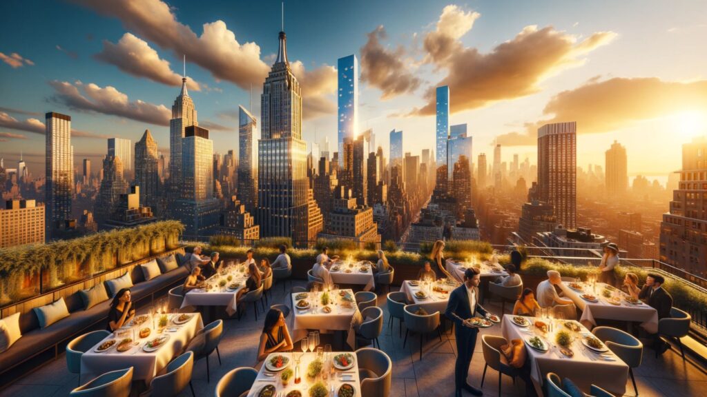 image showcasing a panoramic view of New York City's skyline during the golden hour. In the mid-ground, focus on a chic, keto-friendly rooftop restaurant that's buzzing with activity.