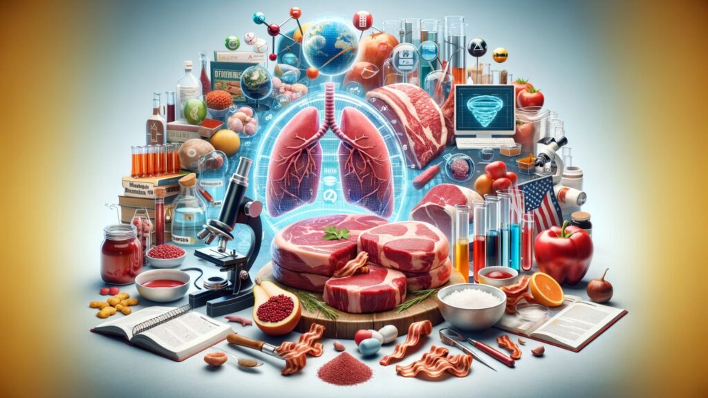 image depicting the theme 'Red Meat and Inflammation: A Scientific Investigation' with added elements of scientific studies, dietary trends, and media influence.