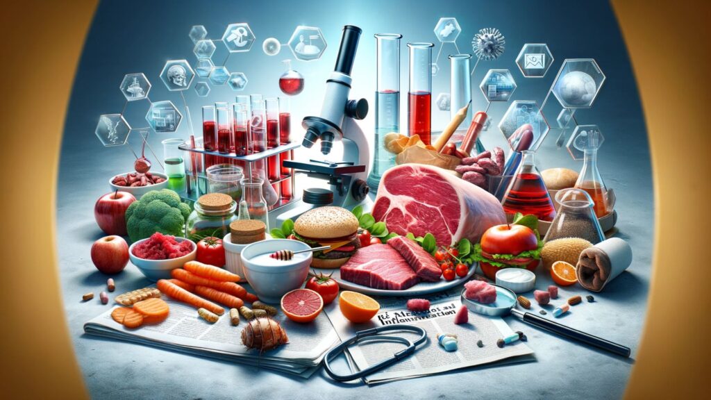 image that encapsulates the theme 'Red Meat and Inflammation: A Scientific Investigation', including elements of scientific studies, dietary trends, and media influence.