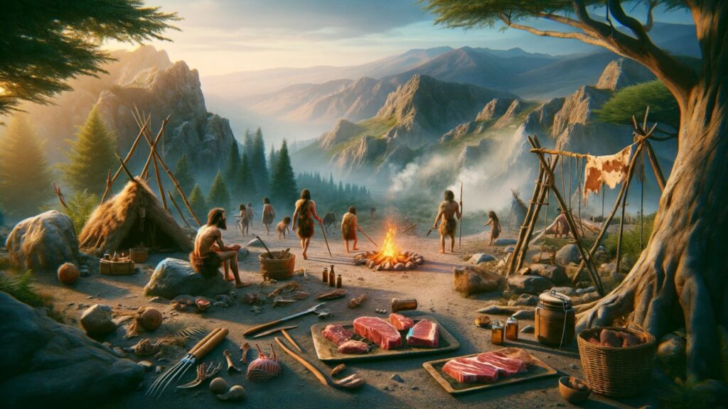 image depicting 'Meat Consumption in Human History', focusing on ancestors and hunter-gatherer societies. 