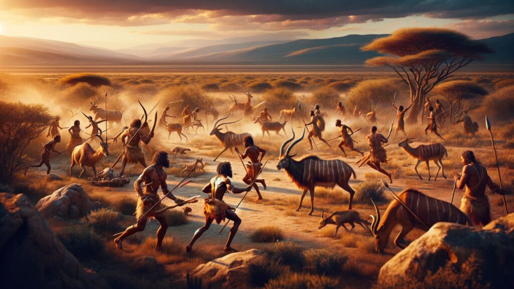 A prehistoric scene in Africa, depicting ancestors engaged in hunting. The proper human diet.