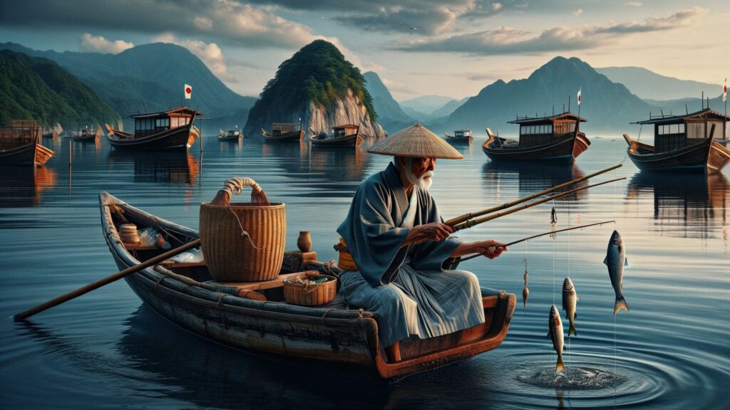 A traditional Japanese mariner fishing scene, capturing the essence of Japan's rich maritime culture and aligned with the principles of the Proper Human Diet.