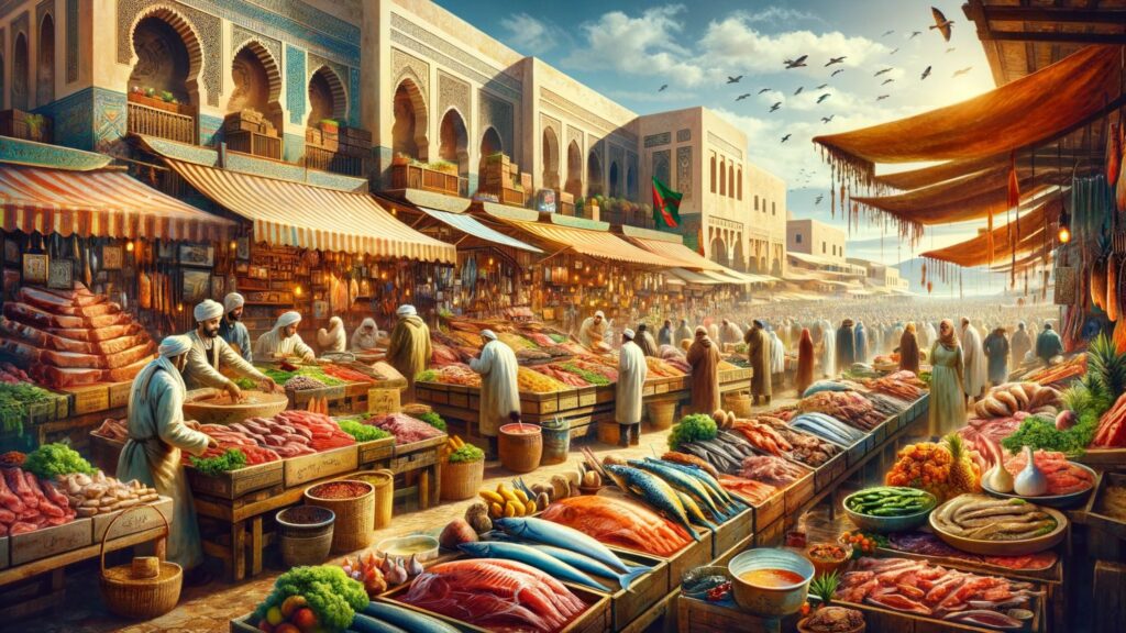 A vibrant North African culinary scene, showcasing a blend of land and sea. The image depicts a bustling outdoor market in a setting reminiscent of Morocco, Algeria, or Egypt, with stalls overflowing with an array of meats and fish.